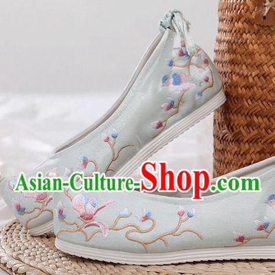 China Embroidered Mangnolia Shoes National Light Blue Satin Shoes Traditional Ming Dynasty Princess Bow Shoes