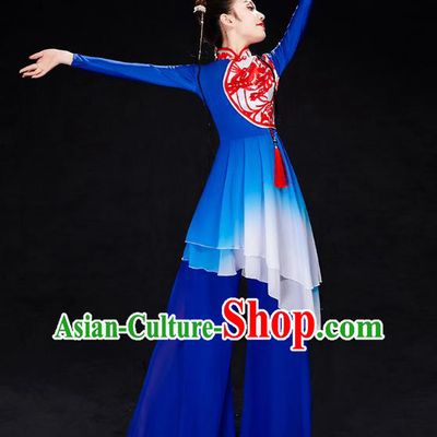 China Folk Dance Drum Dance Costume Yangko Dance Royalblue Uniforms Fan Dance Stage Performance Clothing