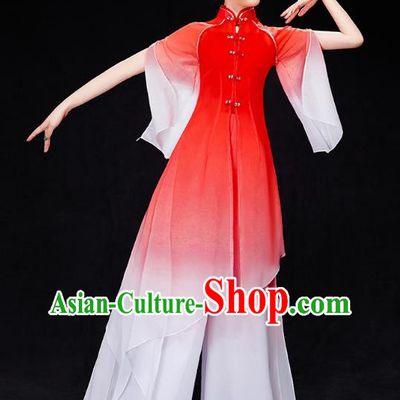 Chinese Woman Fan Dance Red Outfits Umbrella Dance Clothing Traditional Classical Dance Costumes