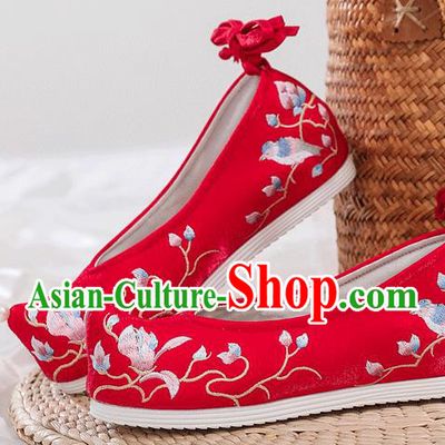 China National Wedding Red Satin Shoes Traditional Ming Dynasty Princess Bow Shoes Embroidered Mangnolia Shoes