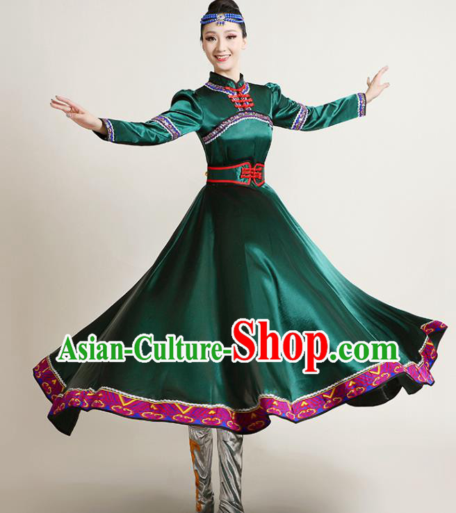 Chinese Mongolian Ethnic Dance Performance Costume Traditional Mongol Nationality Dance Competition Green Dress Chinese Mongolian Ethnic Dance Performance Costume Traditional Mongol Nationality Dance Competition Green Dress