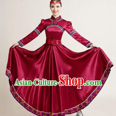 Chinese Traditional Mongol Nationality Dance Competition Wine Red Dress Mongolian Ethnic Dance Performance Costume
