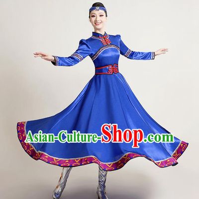 Chinese Traditional Mongol Nationality Royalblue Dress Mongolian Ethnic Folk Dance Costume