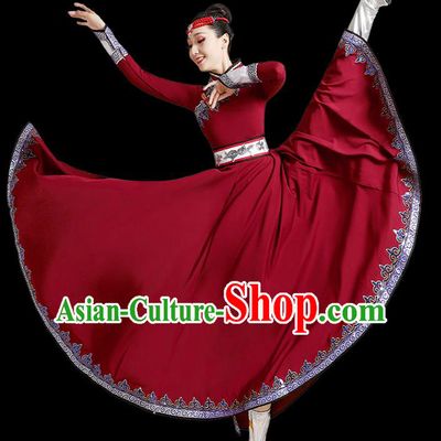Chinese Mongolian Dance Wine Red Dress Traditional Mongol Nationality Outfits Ethnic Folk Dance Costume