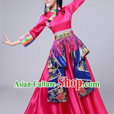 Chinese Traditional Zang Nationality Stage Performance Rosy Dress Outfits Tibetan Ethnic Dance Costume