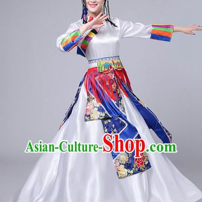 Chinese Zang Nationality Performance Outfits Traditional Minority Folk Dance Costume Tibetan Ethnic White Dress