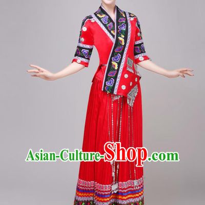 Chinese Zhuang Nationality Performance Red Dress Outfits Traditional Guangxi Ethnic Minority Folk Dance Costume