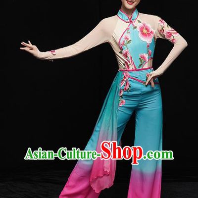 China Folk Dance Fan Dance Costume Yangko Dance Blue Uniforms Group Dance Performance Clothing