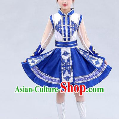 Chinese Traditional Mongol Nationality Children Royalblue Short Dress Mongolian Ethnic Stage Performance Costume