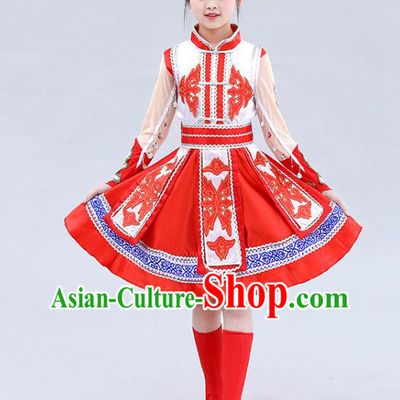 Chinese Mongolian Ethnic Stage Performance Costume Traditional Mongol Nationality Children Red Short Dress