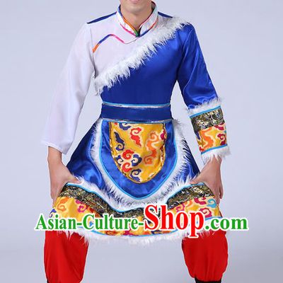 Chinese Traditional Zang Nationality Folk Dance Royalblue Outfits Tibetan Ethnic Minority Stage Performance Costume
