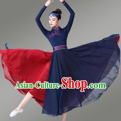 Chinese Traditional Mongol Nationality Dance Navy Dress Mongolian Ethnic Stage Performance Costume