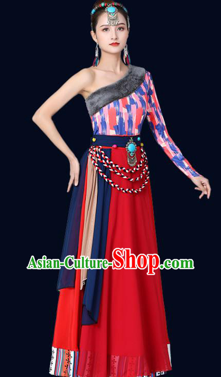 Chinese Traditional Tibetan Nationality Red Dress Xizang Zang Ethnic Folk Dance Costume Chinese Traditional Tibetan Nationality Red Dress Xizang Zang Ethnic Folk Dance Costume