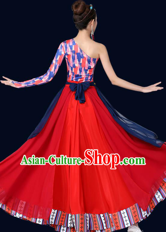 Chinese Traditional Tibetan Nationality Red Dress Xizang Zang Ethnic Folk Dance Costume Chinese Traditional Tibetan Nationality Red Dress Xizang Zang Ethnic Folk Dance Costume