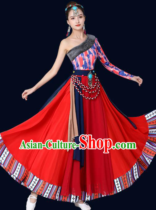 Chinese Traditional Tibetan Nationality Red Dress Xizang Zang Ethnic Folk Dance Costume Chinese Traditional Tibetan Nationality Red Dress Xizang Zang Ethnic Folk Dance Costume