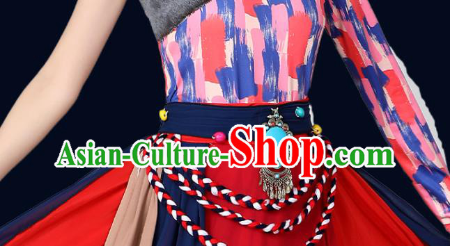 Chinese Traditional Tibetan Nationality Red Dress Xizang Zang Ethnic Folk Dance Costume Chinese Traditional Tibetan Nationality Red Dress Xizang Zang Ethnic Folk Dance Costume