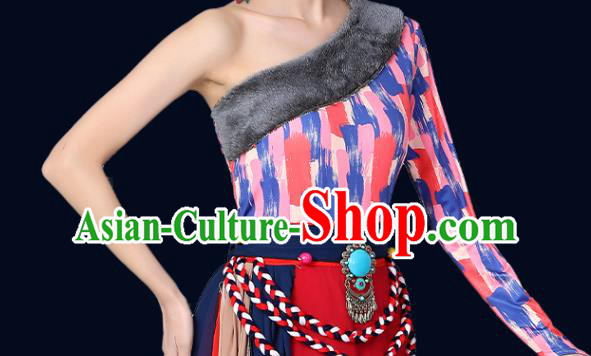 Chinese Traditional Tibetan Nationality Red Dress Xizang Zang Ethnic Folk Dance Costume Chinese Traditional Tibetan Nationality Red Dress Xizang Zang Ethnic Folk Dance Costume