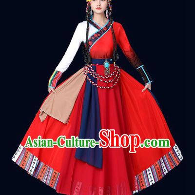 Chinese Xizang Zang Ethnic Folk Dance Costume Traditional Tibetan Nationality Stage Performance Red Dress