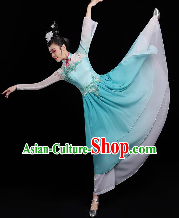 Chinese Traditional Fan Dance Clothing Classical Dance Costumes Umbrella Dance Blue Dress Chinese Traditional Fan Dance Clothing Classical Dance Costumes Umbrella Dance Blue Dress