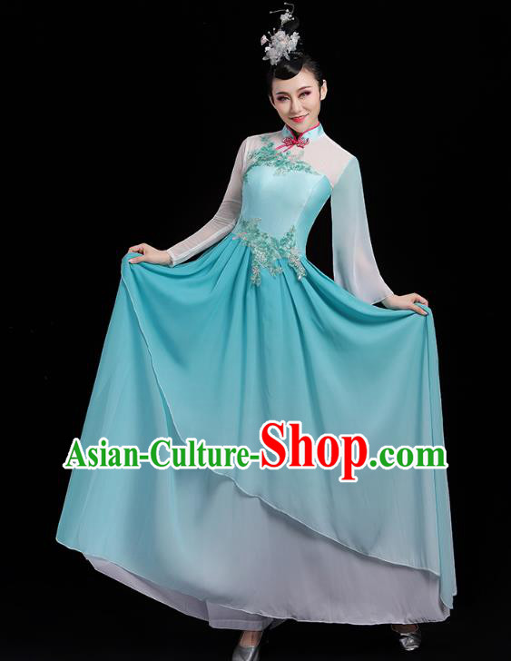 Chinese Traditional Fan Dance Clothing Classical Dance Costumes Umbrella Dance Blue Dress Chinese Traditional Fan Dance Clothing Classical Dance Costumes Umbrella Dance Blue Dress