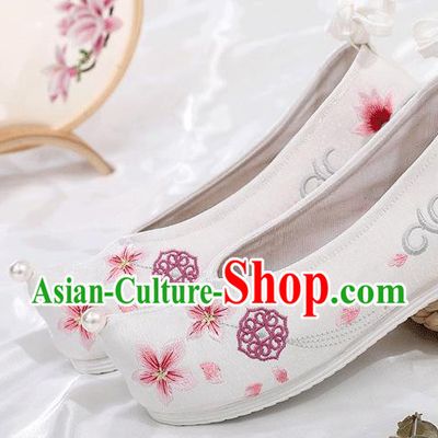 China Embroidered Shoes Ancient Princess White Cloth Shoes Traditional Hanfu Bow Shoes