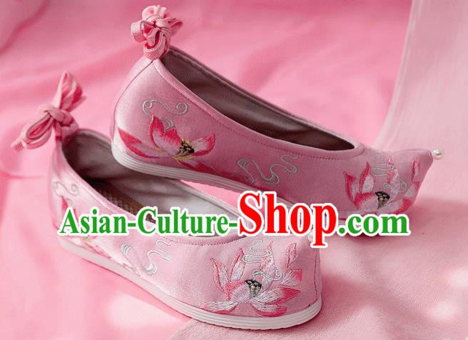 China Traditional Hanfu Bow Shoes Embroidered Lotus Shoes Ancient Princess Pink Cloth Shoes China Traditional Hanfu Bow Shoes Embroidered Lotus Shoes Ancient Princess Pink Cloth Shoes