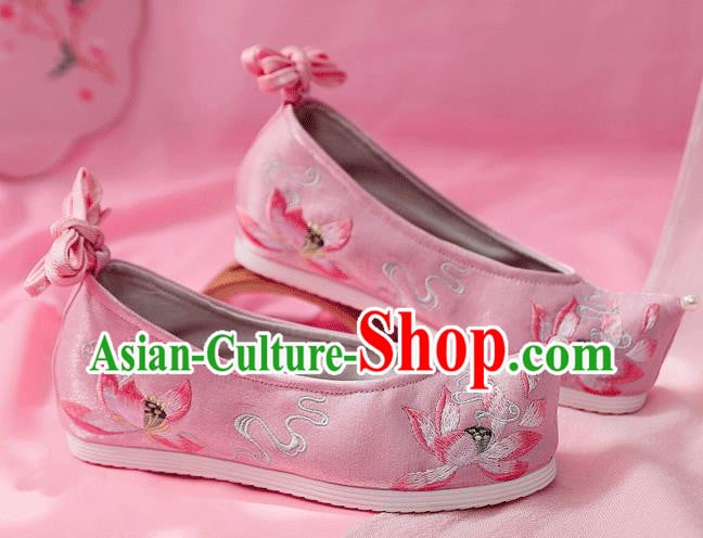 China Traditional Hanfu Bow Shoes Embroidered Lotus Shoes Ancient Princess Pink Cloth Shoes China Traditional Hanfu Bow Shoes Embroidered Lotus Shoes Ancient Princess Pink Cloth Shoes