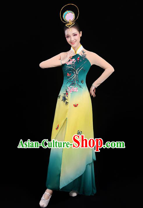 Chinese Umbrella Dance Embroidered Orchids Green Dress Traditional Performance Clothing Classical Dance Costumes Chinese Umbrella Dance Embroidered Orchids Green Dress Traditional Performance Clothing Classical Dance Costumes
