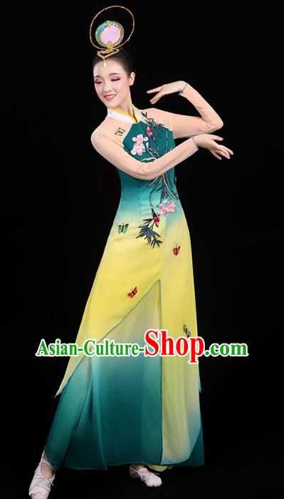 Chinese Umbrella Dance Embroidered Orchids Green Dress Traditional Performance Clothing Classical Dance Costumes Chinese Umbrella Dance Embroidered Orchids Green Dress Traditional Performance Clothing Classical Dance Costumes
