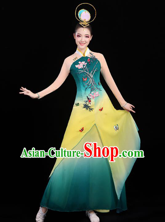Chinese Umbrella Dance Embroidered Orchids Green Dress Traditional Performance Clothing Classical Dance Costumes Chinese Umbrella Dance Embroidered Orchids Green Dress Traditional Performance Clothing Classical Dance Costumes