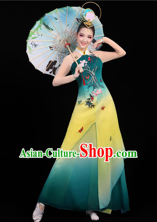 Chinese Umbrella Dance Embroidered Orchids Green Dress Traditional Performance Clothing Classical Dance Costumes Chinese Umbrella Dance Embroidered Orchids Green Dress Traditional Performance Clothing Classical Dance Costumes