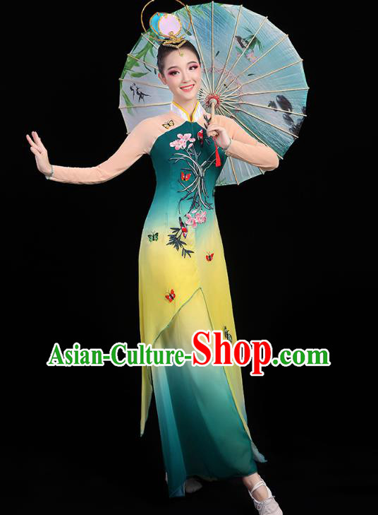 Chinese Umbrella Dance Embroidered Orchids Green Dress Traditional Performance Clothing Classical Dance Costumes Chinese Umbrella Dance Embroidered Orchids Green Dress Traditional Performance Clothing Classical Dance Costumes
