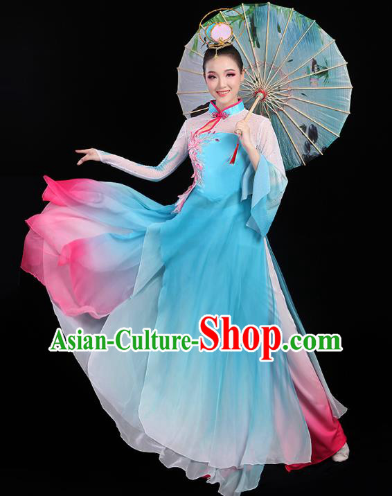 Chinese Classical Dance Costumes Umbrella Dance Embroidered Blue Dress Traditional Performance Clothing Chinese Classical Dance Costumes Umbrella Dance Embroidered Blue Dress Traditional Performance Clothing