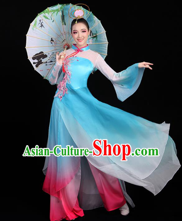 Chinese Classical Dance Costumes Umbrella Dance Embroidered Blue Dress Traditional Performance Clothing Chinese Classical Dance Costumes Umbrella Dance Embroidered Blue Dress Traditional Performance Clothing
