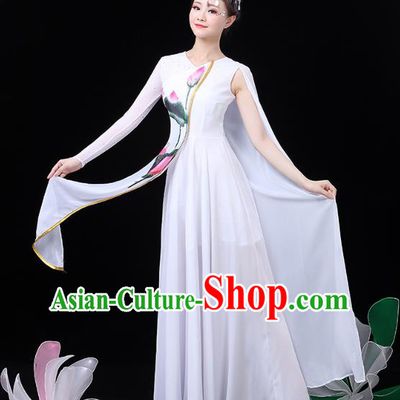 Chinese Umbrella Dance White Dress Traditional Lotus Dance Performance Clothing Classical Dance Costume