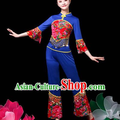 China Jiaozhou Yangko Dance Royalblue Uniforms Fan Dance Clothing Folk Dance Costume