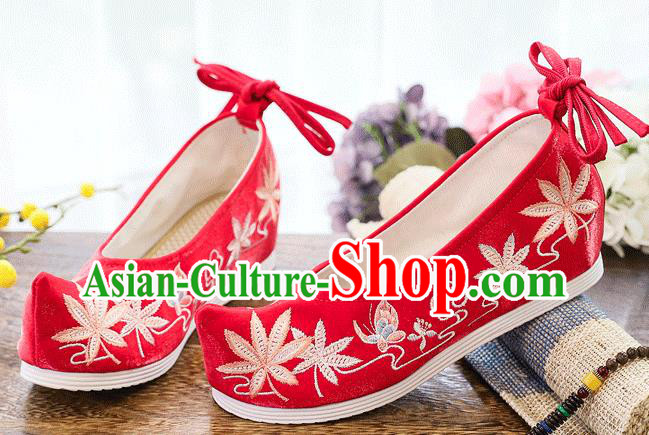 China Traditional National Woman Shoes Embroidered Maple Leaf Shoes Handmade Wedding Red Cloth Shoes China Traditional National Woman Shoes Embroidered Maple Leaf Shoes Handmade Wedding Red Cloth Shoes