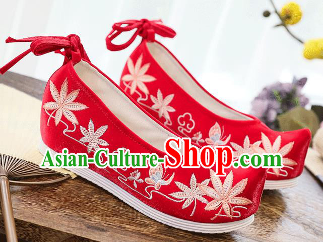 China Traditional National Woman Shoes Embroidered Maple Leaf Shoes Handmade Wedding Red Cloth Shoes China Traditional National Woman Shoes Embroidered Maple Leaf Shoes Handmade Wedding Red Cloth Shoes
