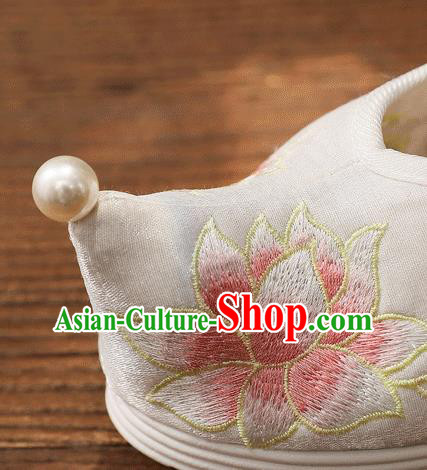 China White Embroidered Lotus Shoes Handmade Hanfu Bow Shoes Traditional National Woman Cloth Shoes China White Embroidered Lotus Shoes Handmade Hanfu Bow Shoes Traditional National Woman Cloth Shoes