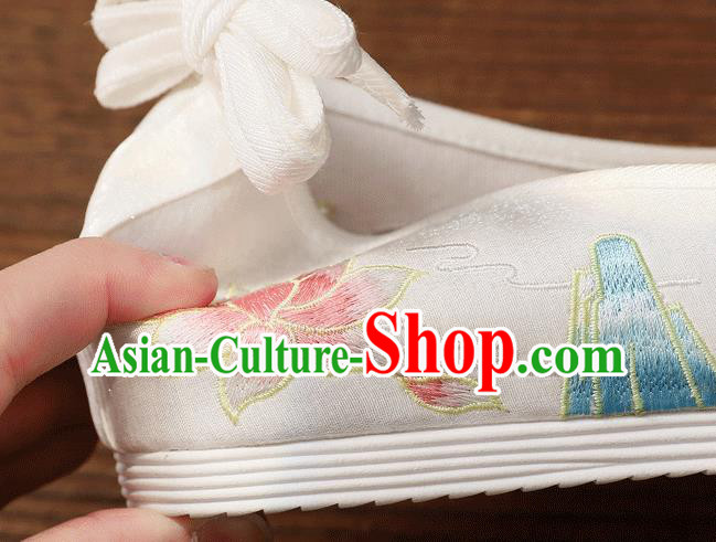 China White Embroidered Lotus Shoes Handmade Hanfu Bow Shoes Traditional National Woman Cloth Shoes China White Embroidered Lotus Shoes Handmade Hanfu Bow Shoes Traditional National Woman Cloth Shoes