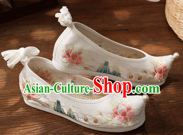 China White Embroidered Lotus Shoes Handmade Hanfu Bow Shoes Traditional National Woman Cloth Shoes China White Embroidered Lotus Shoes Handmade Hanfu Bow Shoes Traditional National Woman Cloth Shoes