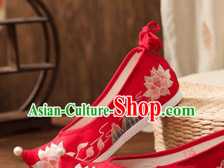 China Handmade Bride Bow Shoes Traditional Wedding Shoes Embroidered Lotus Shoes Hanfu Shoes