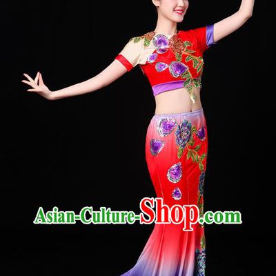 Chinese Yunnan Ethnic Performance Costume Traditional Dai Minority Nationality Peacock Dance Red Dress Outfits
