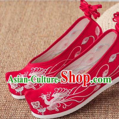 China Wedding Shoes Embroidered Phoenix Shoes Handmade Bride Red Bow Shoes