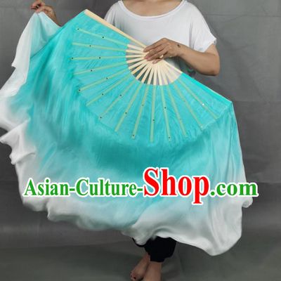 China Classical Dance Blue Silk Fan Jiaozhou Yangko Dance Folding Fan Group Dance Long Ribbon Fan