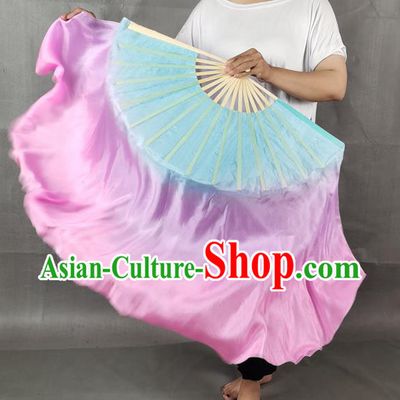 China Yangko Dance Folding Fan Group Dance Pink Long Ribbon Fan Classical Dance Blue Silk Fan