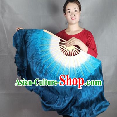 China Classical Dance Navy Blue Silk Fan Yangko Dance Folding Fan Stage Performance Long Ribbon Fan