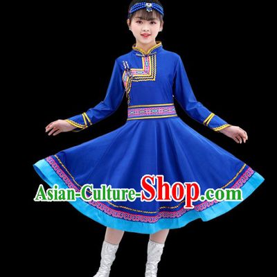 Chinese Traditional Mongolian Nationality Children Royalblue Short Dress Ethnic Stage Performance Costume