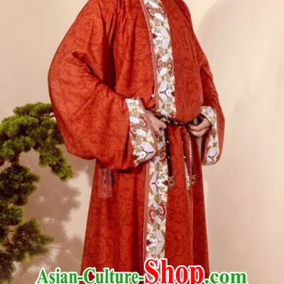 China Ancient Tang Dynasty Swordsman Historical Clothing Red Silk Round Collar Robe