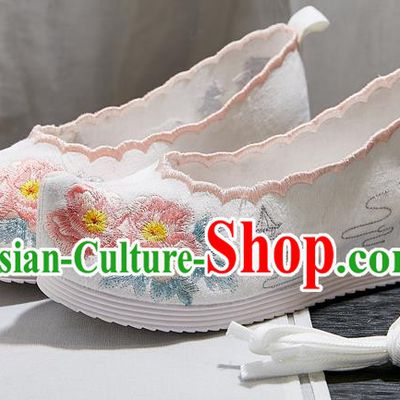 China National Bow Shoes Traditional Princess Hanfu Shoes Embroidered Peony White Cloth Shoes